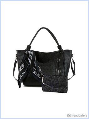 Studded Skull Tote Handbag PU Leather Satchel 3Pc Set Wallet